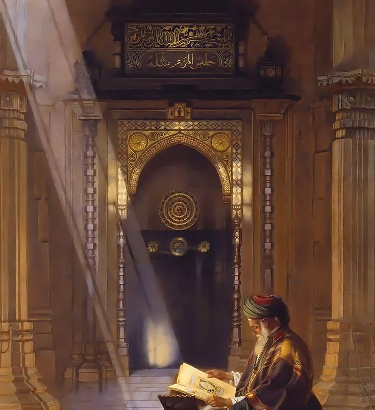Reading The Holy Quran Inside The Mosque Islamic Art Arabic Art Hand Painted Oil Painting On Canvas e1709719544350